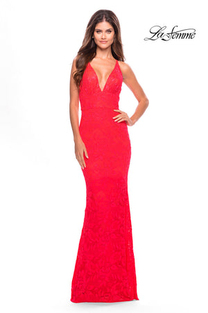 La Femme 31417 prom dress images.  La Femme 31417 is available in these colors: Hot Coral, Neon Pink.