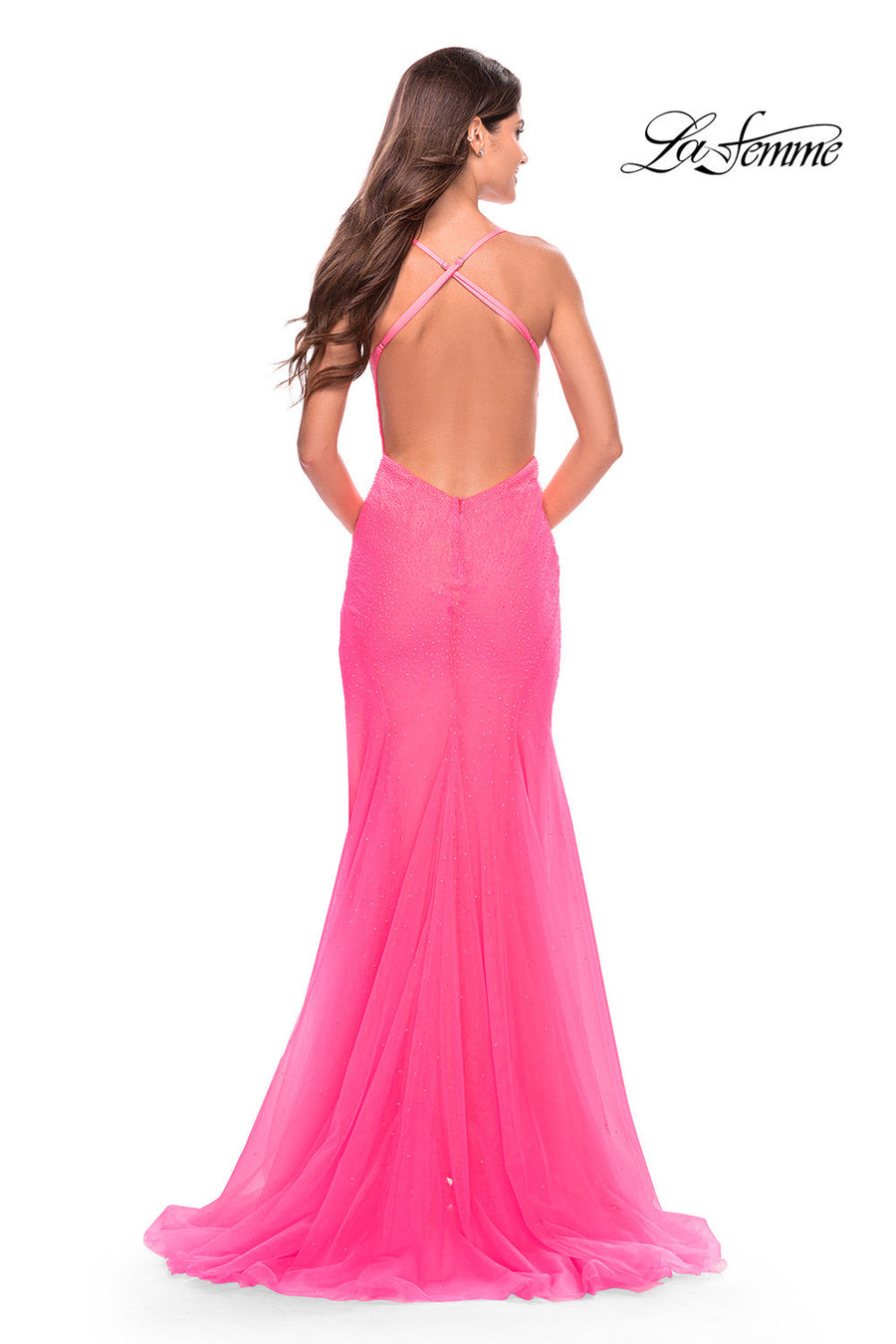 La Femme 31419 prom dress images.  La Femme 31419 is available in these colors: Hot Coral, Light Periwinkle, Neon Pink.