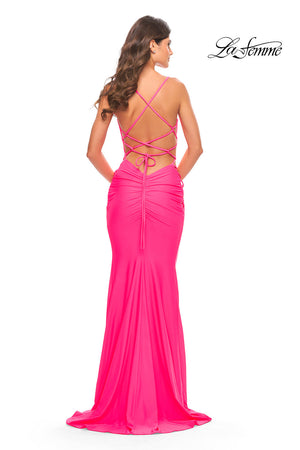 La Femme 31438 prom dress images.  La Femme 31438 is available in these colors: Hot Coral, Neon Pink.