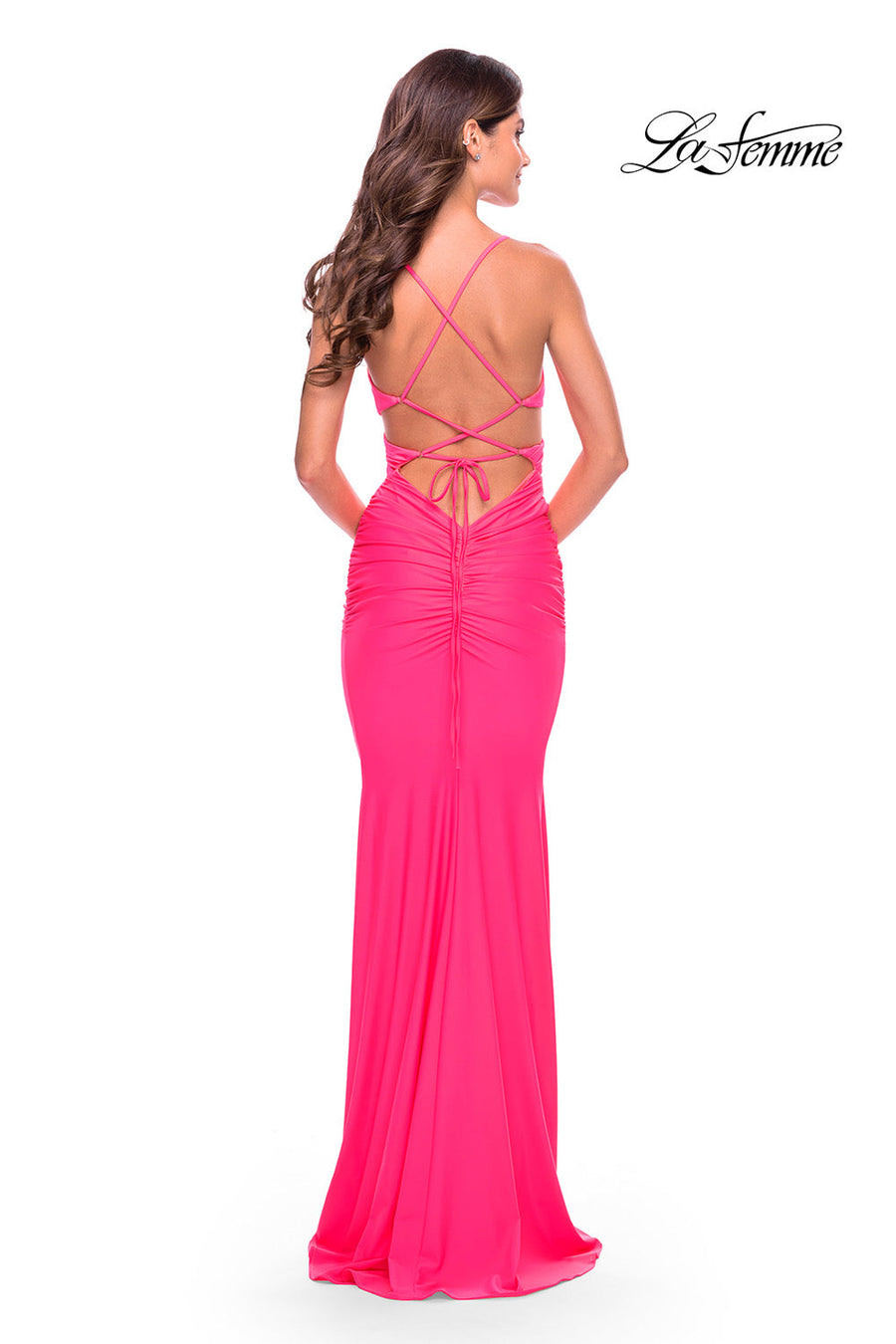 La Femme 31442 prom dress images.  La Femme 31442 is available in these colors: Hot Coral, Neon Pink.