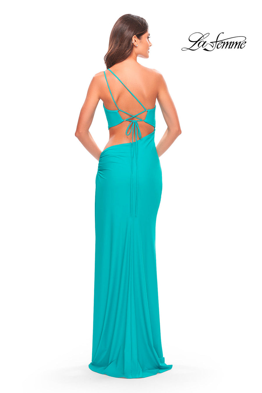La Femme 31443 prom dress images.  La Femme 31443 is available in these colors: Aqua, Hot Coral, Neon Pink.