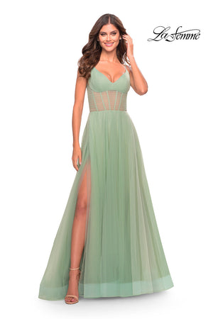 La Femme 31502 prom dress images.  La Femme 31502 is available in these colors: Aqua, Light Periwinkle, Sage.