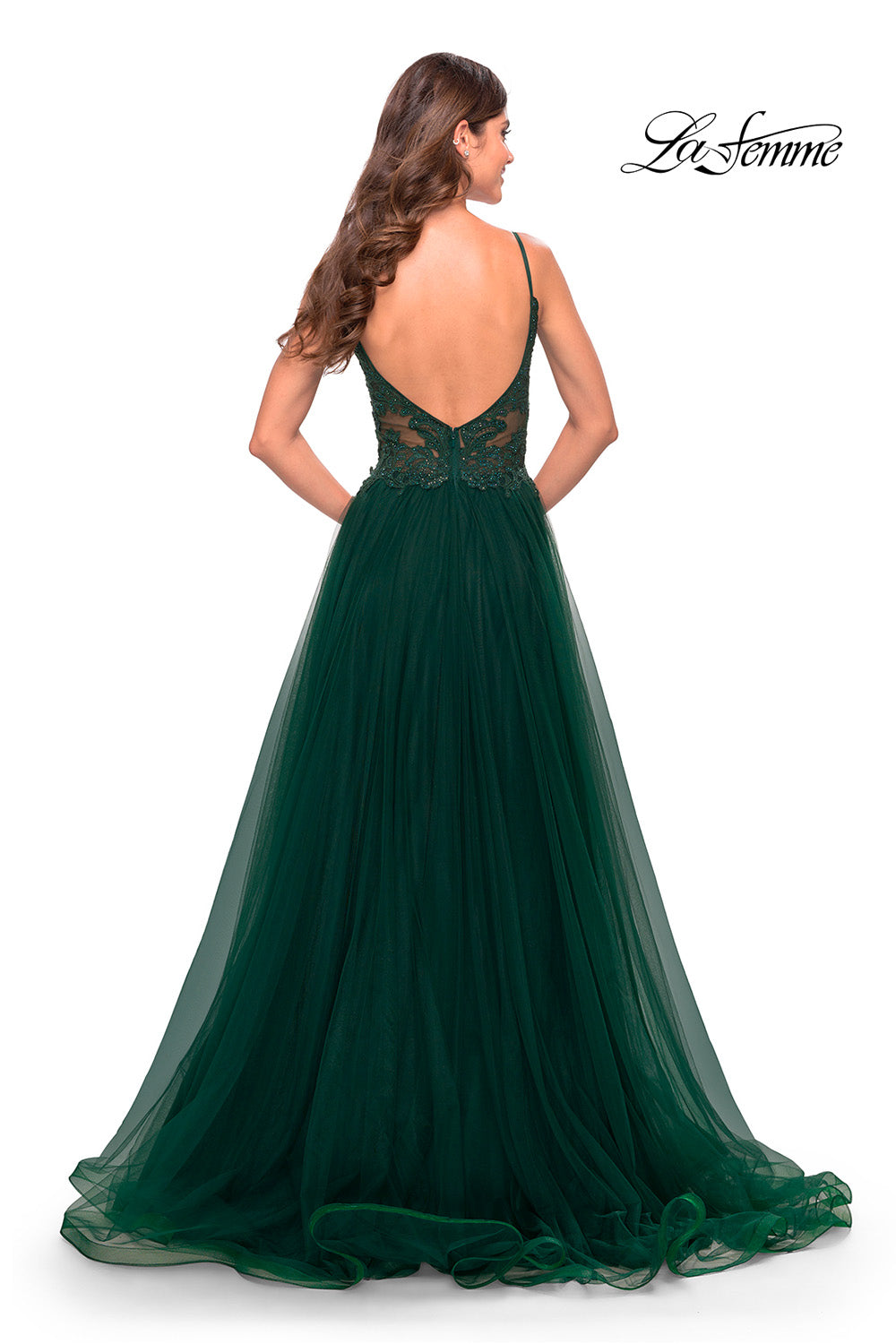 La Femme 31507 prom dress images.  La Femme 31507 is available in these colors: Dark Emerald, Dusty Mauve, Red.