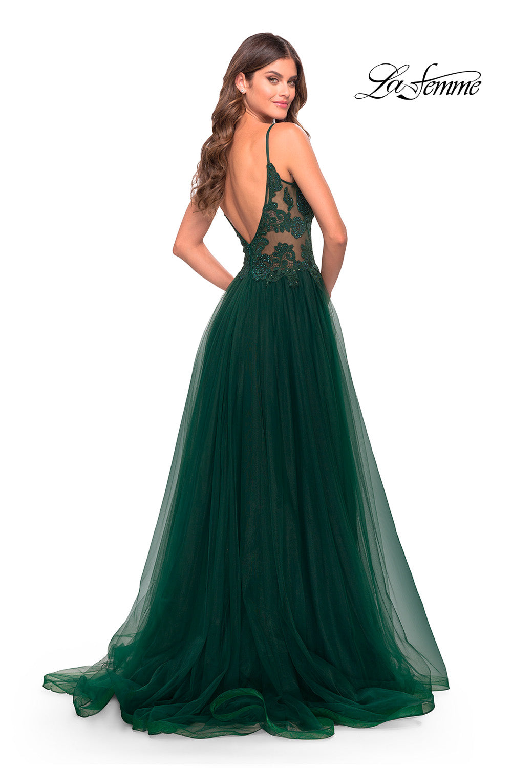 La Femme 31507 prom dress images.  La Femme 31507 is available in these colors: Dark Emerald, Dusty Mauve, Red.