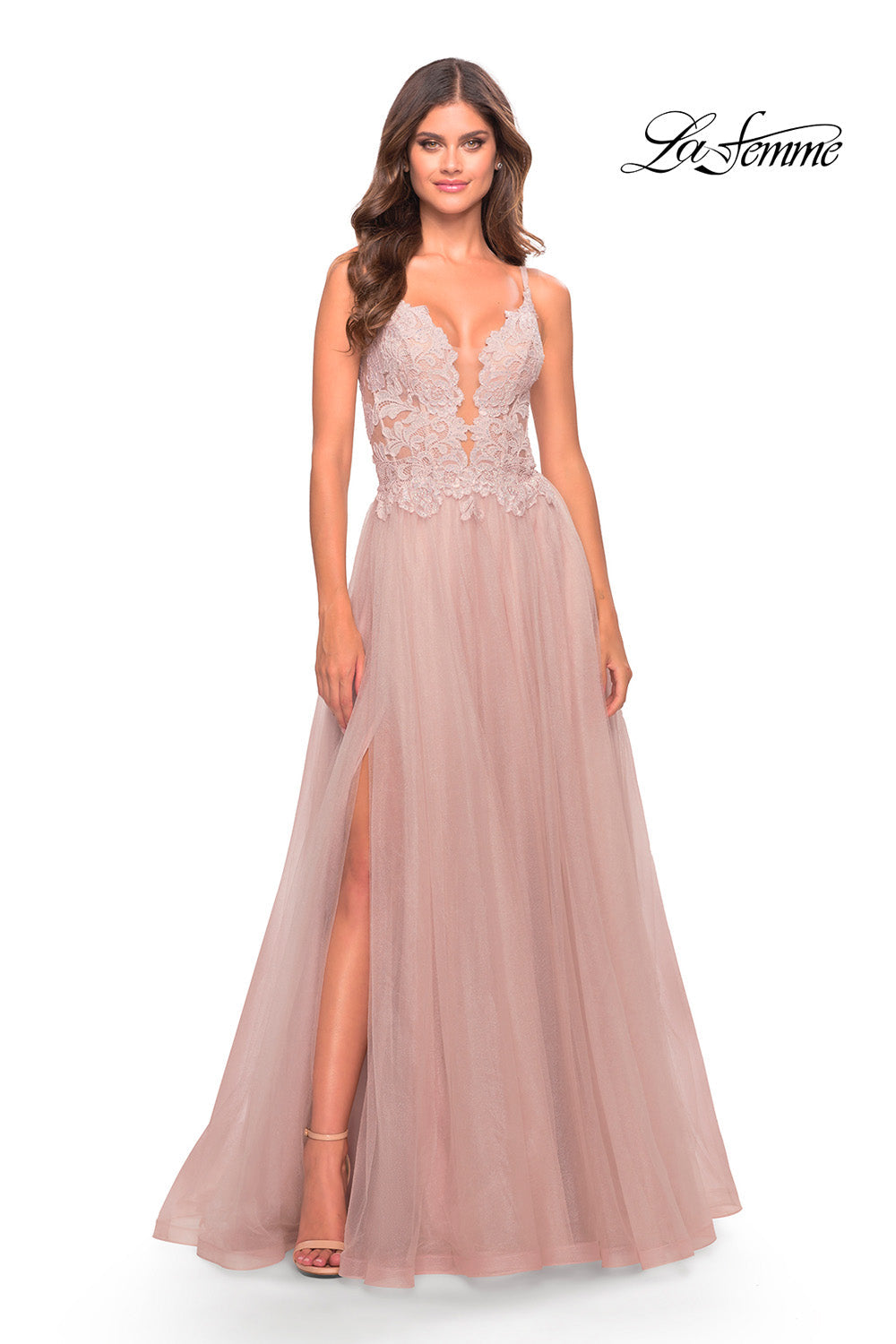 La Femme 31507 prom dress images.  La Femme 31507 is available in these colors: Dark Emerald, Dusty Mauve, Red.
