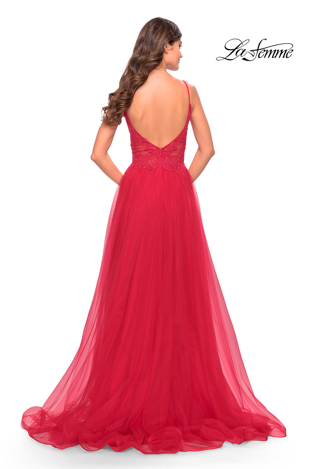 La Femme 31507 prom dress images.  La Femme 31507 is available in these colors: Dark Emerald, Dusty Mauve, Red.