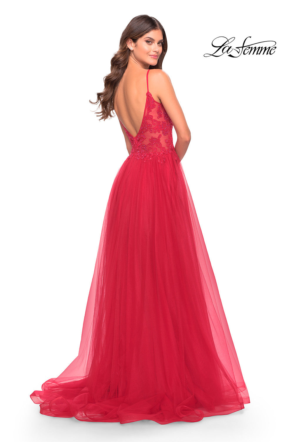 La Femme 31507 prom dress images.  La Femme 31507 is available in these colors: Dark Emerald, Dusty Mauve, Red.