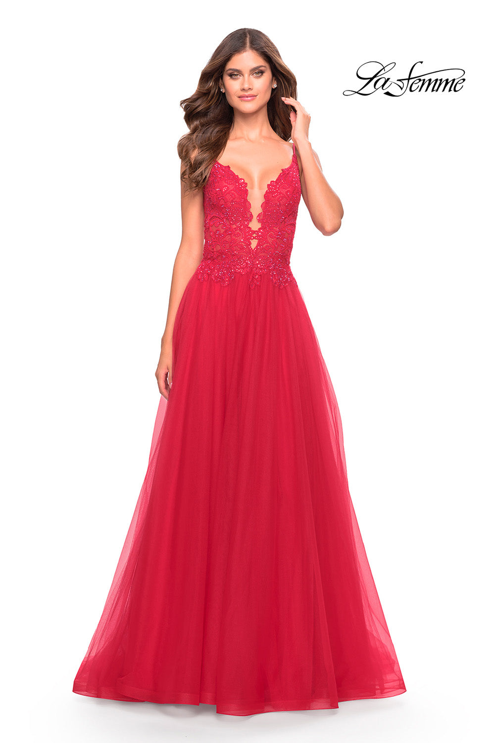 La Femme 31507 prom dress images.  La Femme 31507 is available in these colors: Dark Emerald, Dusty Mauve, Red.
