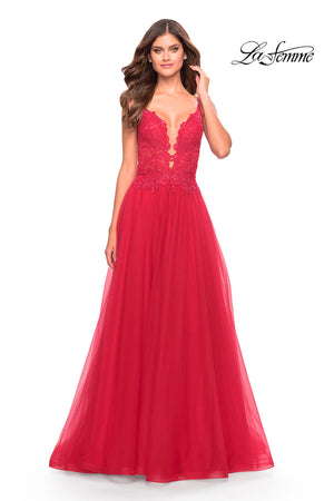 La Femme 31507 prom dress images.  La Femme 31507 is available in these colors: Dark Emerald, Dusty Mauve, Red.