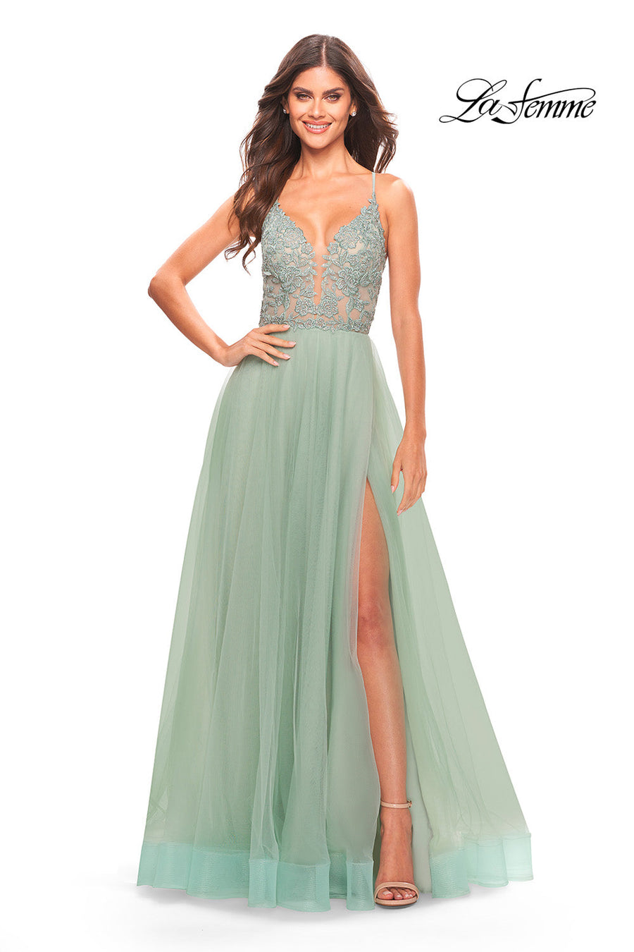 La Femme 31542 prom dress images.  La Femme 31542 is available in these colors: Light Periwinkle, Sage.