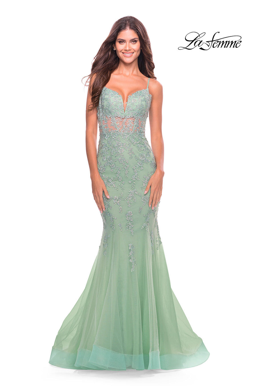 La Femme 31579 prom dress images.  La Femme 31579 is available in these colors: Cloud Blue, Sage.