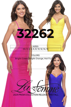 La Femme 32262 prom dress images.  La Femme 32262 is available in these colors: Bright Green, Bright Orange, Hot Fuchsia.