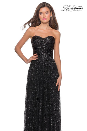 La Femme 27879 prom dress images.  La Femme 27879 is available in these colors: Black, Gunmetal.