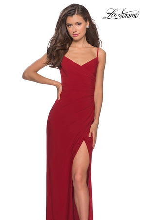 La Femme 28079 prom dress images.  La Femme 28079 is available in these colors: Black, Deep Red, Navy.