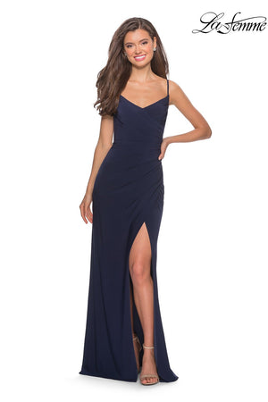 La Femme 28079 prom dress images.  La Femme 28079 is available in these colors: Black, Deep Red, Navy.