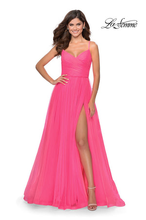 La Femme 28123 prom dress images.  La Femme 28123 is available in these colors: Black, Electric Blue, Lilac Mist, Neon Pink, Red.