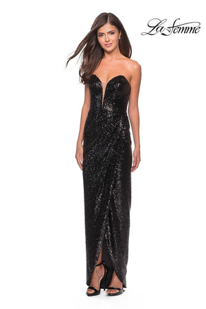 La Femme 28180 prom dress images.  La Femme 28180 is available in these colors: Black, Rose Gold.