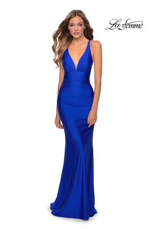 La Femme 28297 prom dress images.  La Femme 28297 is available in these colors: Black, Dark Berry, Neon Pink, Royal Blue, Yellow.