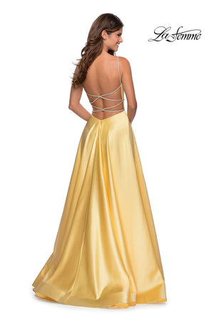 La Femme 28385 prom dress images.  La Femme 28385 is available in these colors: Lavender, Peach, Powder Blue, Yellow.