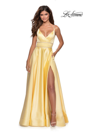 La Femme 28385 prom dress images.  La Femme 28385 is available in these colors: Lavender, Peach, Powder Blue, Yellow.
