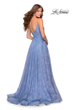 La Femme 28386 prom dress images.  La Femme 28386 is available in these colors: Cloud Blue, Dusty Lilac, Red.