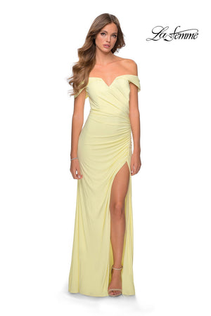 La Femme 28389 prom dress images.  La Femme 28389 is available in these colors: Black, Navy, Pale Yellow, Purple, Red.
