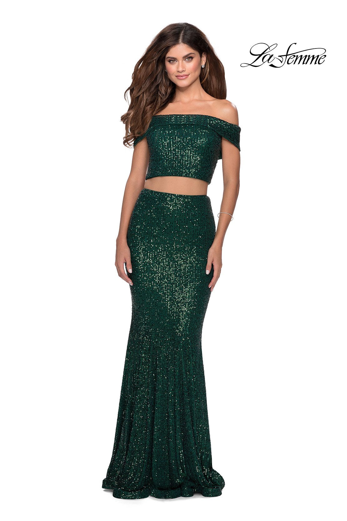 La Femme 28425 prom dress images.  La Femme 28425 is available in these colors: Emerald, Red, Royal Blue, White.