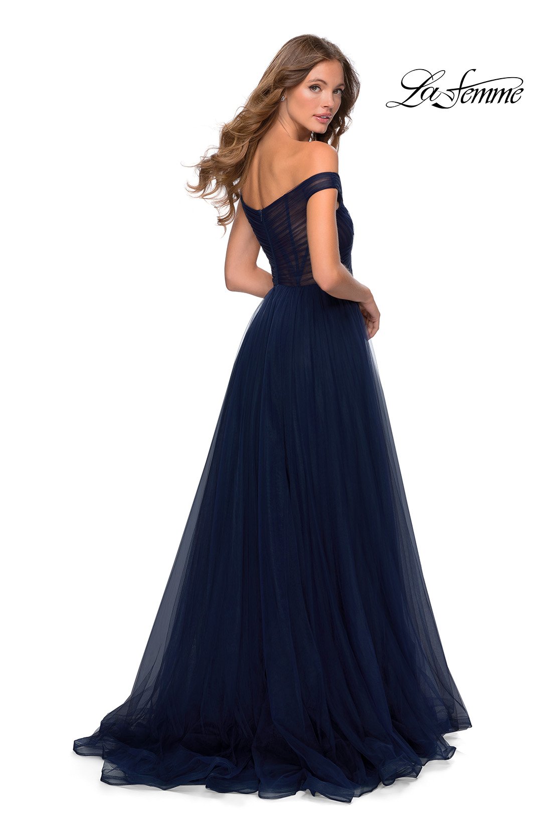 La Femme 28462 prom dress images.  La Femme 28462 is available in these colors: Dark Berry, Dark Emerald, Navy.