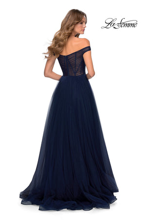 La Femme 28462 prom dress images.  La Femme 28462 is available in these colors: Dark Berry, Dark Emerald, Navy.