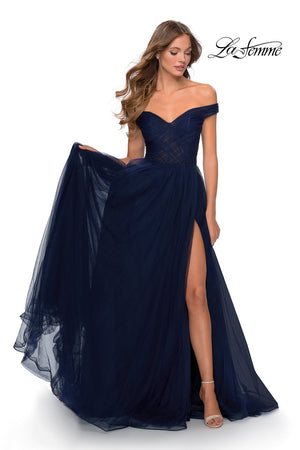 La Femme 28462 prom dress images.  La Femme 28462 is available in these colors: Dark Berry, Dark Emerald, Navy.