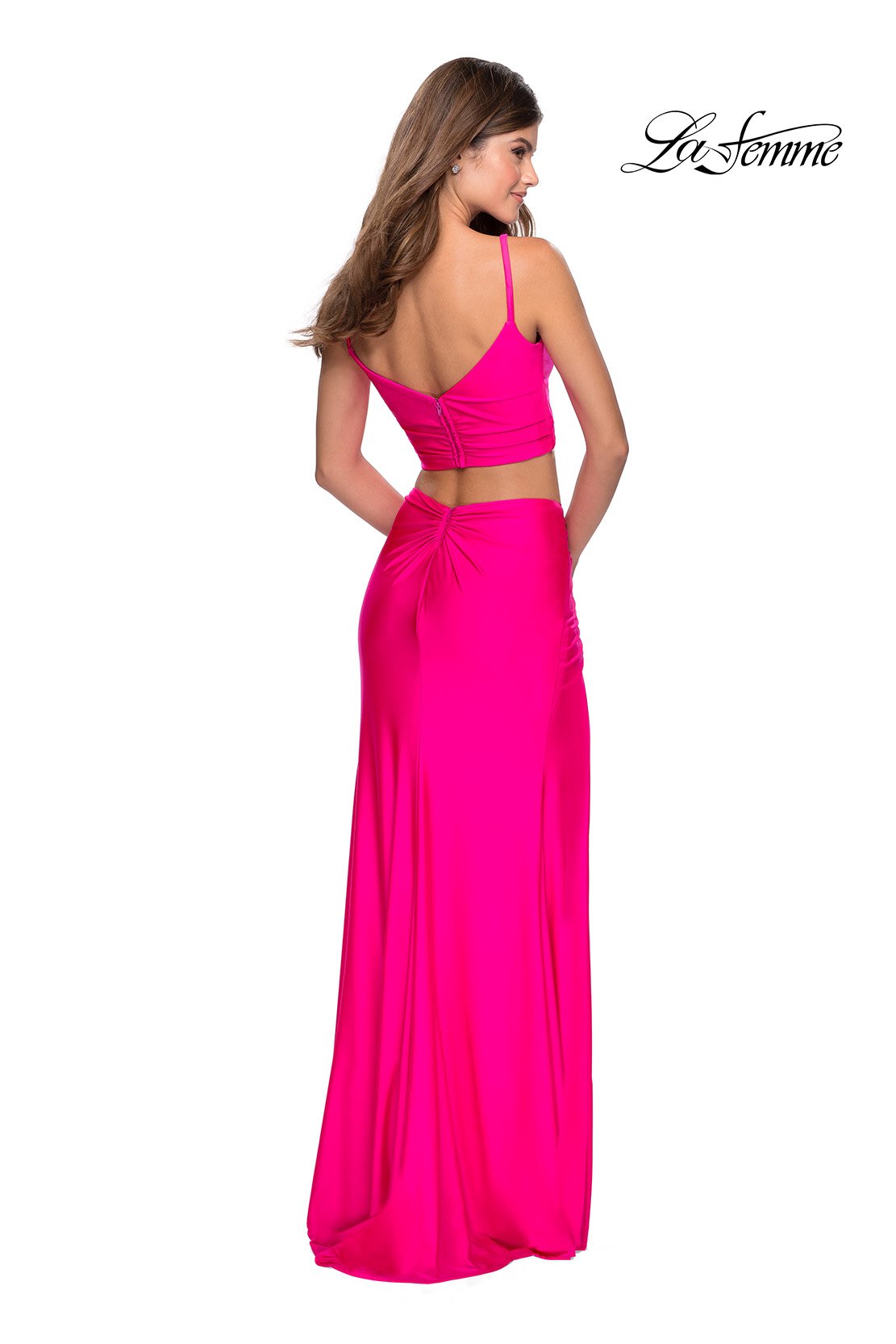 La Femme 28472 prom dress images.  La Femme 28472 is available in these colors: Neon Green, Neon Pink, Neon Yellow, Royal Blue.