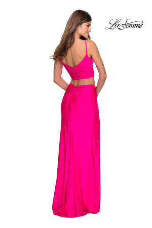 La Femme 28472 prom dress images.  La Femme 28472 is available in these colors: Neon Green, Neon Pink, Neon Yellow, Royal Blue.