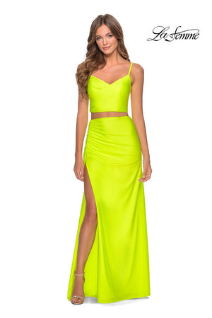 La Femme 28472 prom dress images.  La Femme 28472 is available in these colors: Neon Green, Neon Pink, Neon Yellow, Royal Blue.