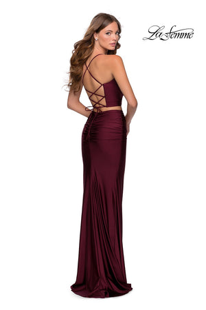 La Femme 28473 prom dress images.  La Femme 28473 is available in these colors: Dark Berry, Red, Royal Blue.