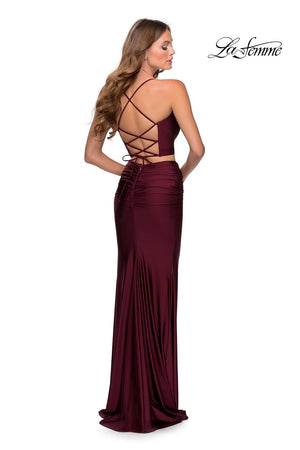 La Femme 28473 prom dress images.  La Femme 28473 is available in these colors: Dark Berry, Red, Royal Blue.