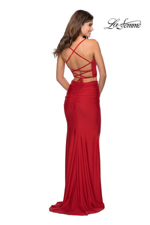 La Femme 28473 prom dress images.  La Femme 28473 is available in these colors: Dark Berry, Red, Royal Blue.