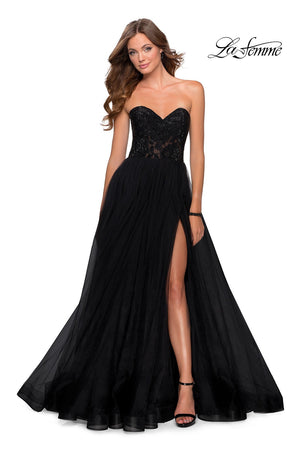 La Femme 28487 prom dress images.  La Femme 28487 is available in these colors: Black, Royal Blue.