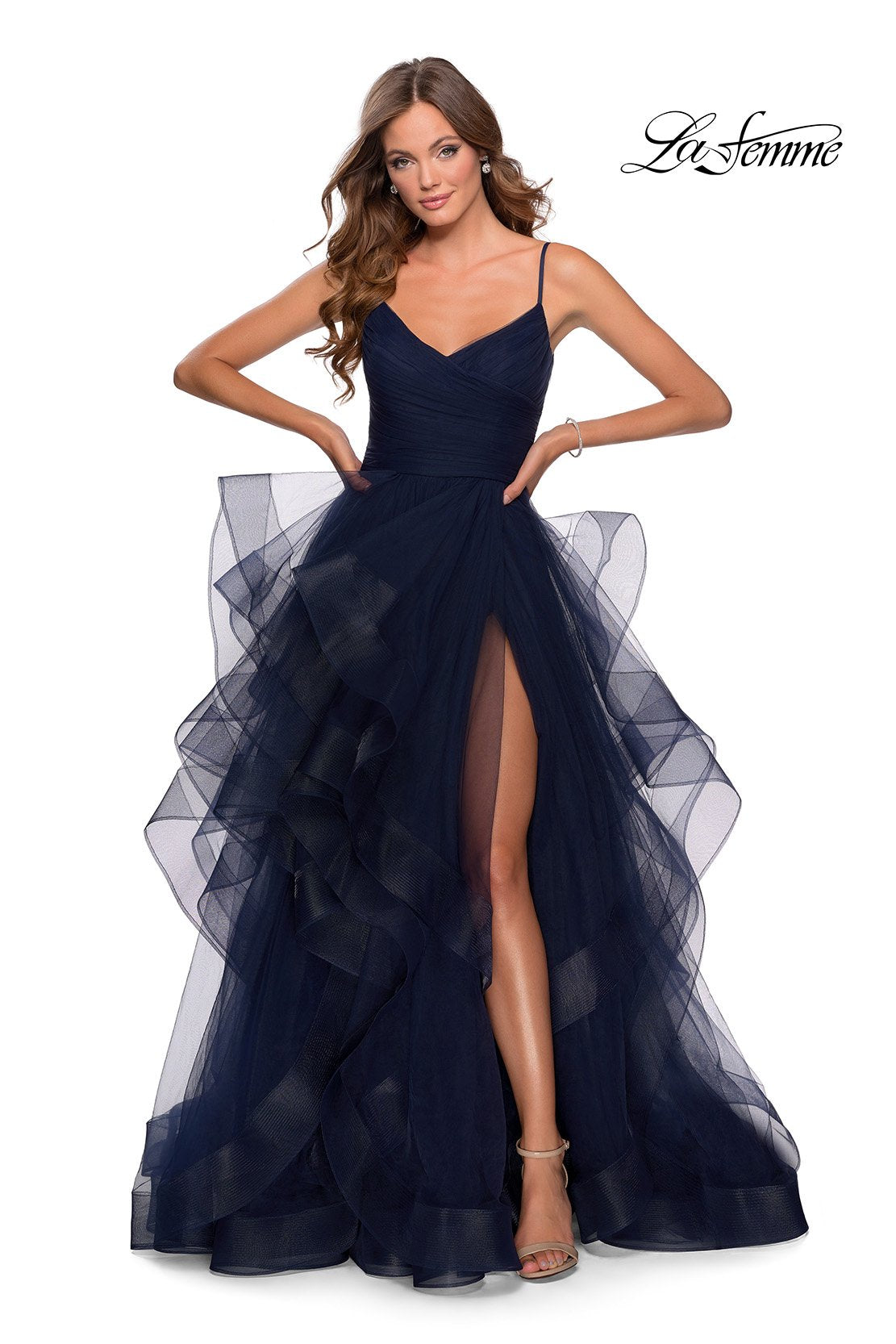 La Femme 28502 prom dress images.  La Femme 28502 is available in these colors: Blush, Dark Berry, Navy.