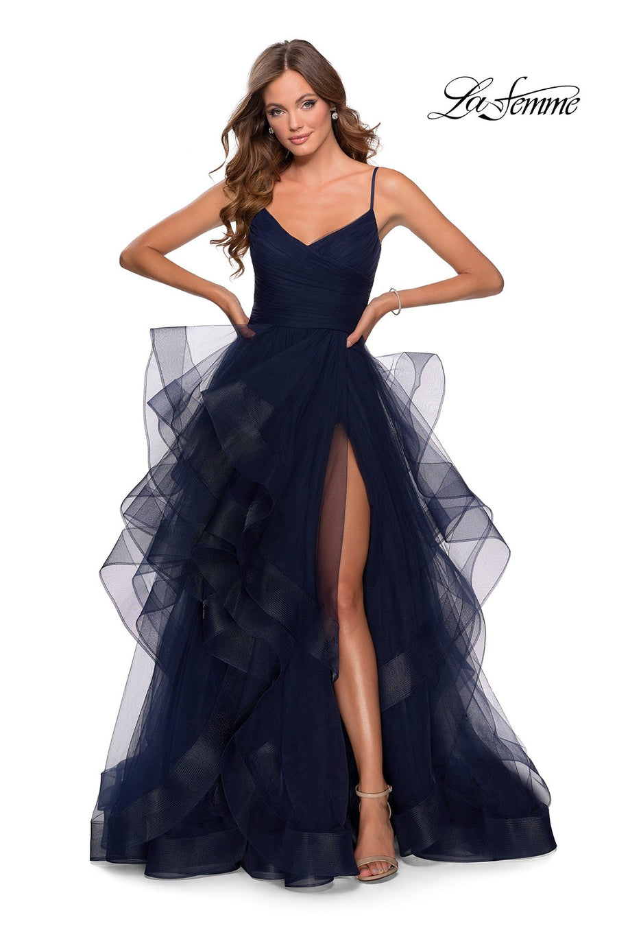 La Femme 28502 prom dress images.  La Femme 28502 is available in these colors: Blush, Dark Berry, Navy.
