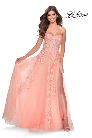 La Femme 28503 prom dress images.  La Femme 28503 is available in these colors: Peach, Red.