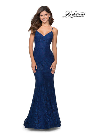 La Femme 28504 prom dress images.  La Femme 28504 is available in these colors: Dark Berry, Emerald, Navy, White Nude.