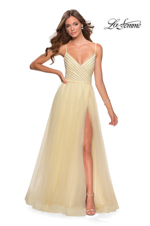 La Femme 28511 prom dress images.  La Femme 28511 is available in these colors: Blush, Charcoal, Dark Purple, Navy, Pale Yellow.