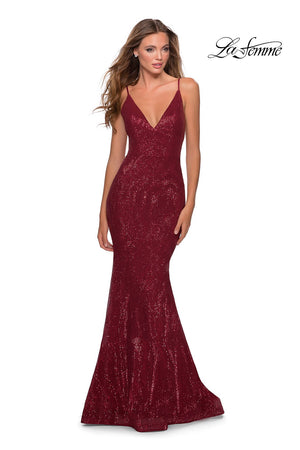 La Femme 28519 prom dress images.  La Femme 28519 is available in these colors: Burgundy, Champagne, Emerald, Navy.