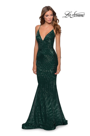 La Femme 28519 prom dress images.  La Femme 28519 is available in these colors: Burgundy, Champagne, Emerald, Navy.