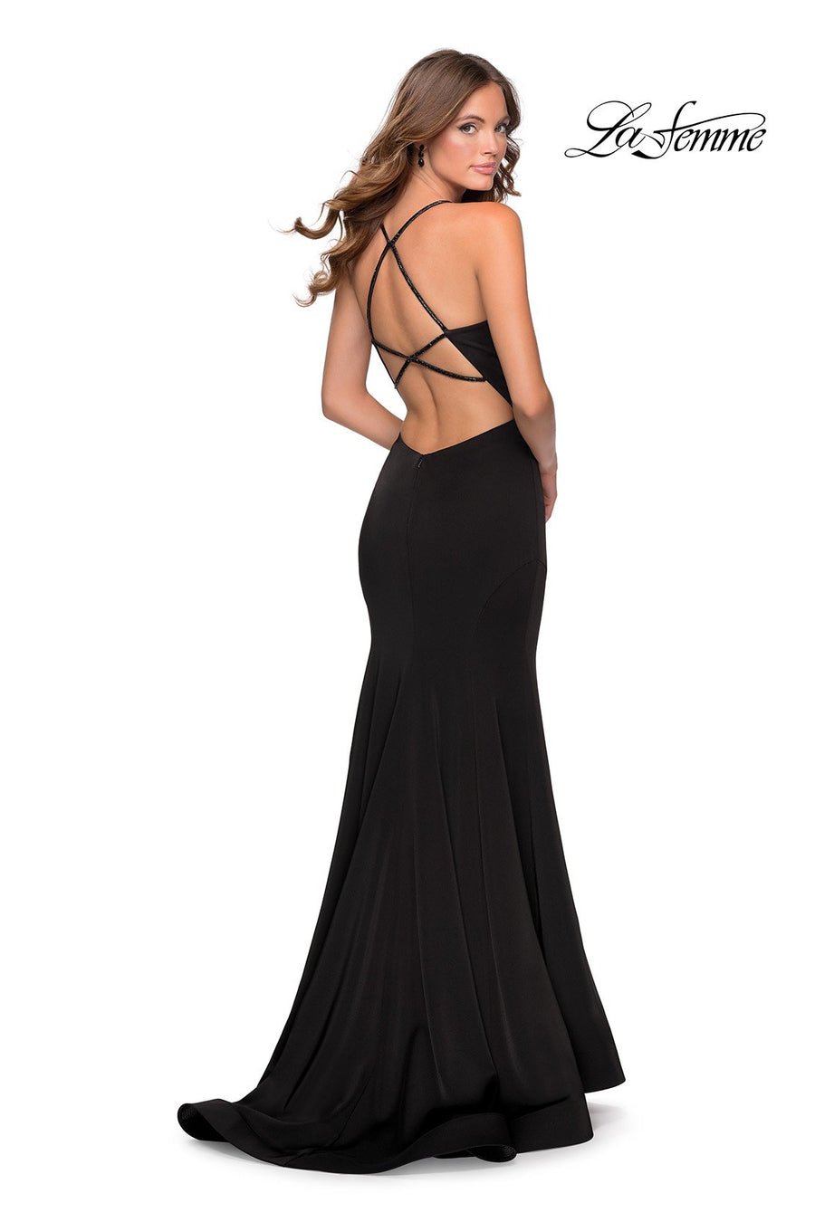 La Femme 28526 prom dress images.  La Femme 28526 is available in these colors: Black, Deep Red, Electric Blue, Peach.