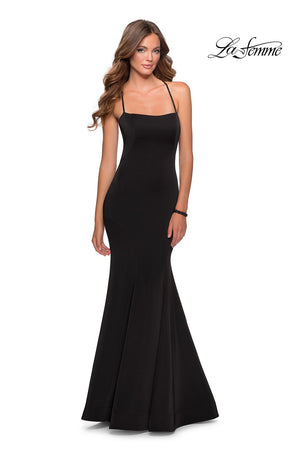 La Femme 28526 prom dress images.  La Femme 28526 is available in these colors: Black, Deep Red, Electric Blue, Peach.