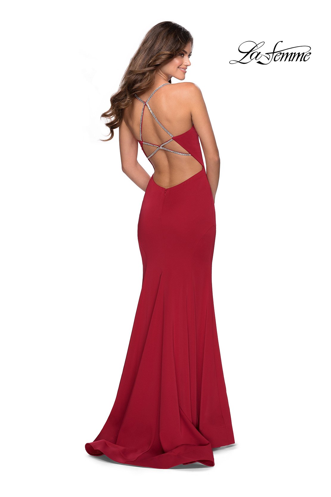 La Femme 28526 prom dress images.  La Femme 28526 is available in these colors: Black, Deep Red, Electric Blue, Peach.