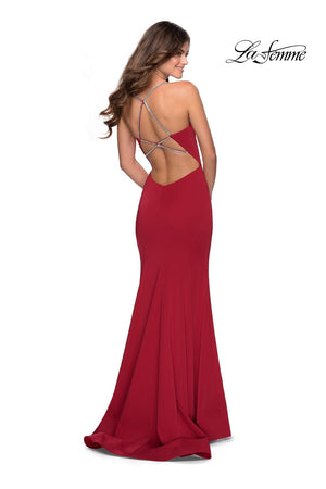 La Femme 28526 prom dress images.  La Femme 28526 is available in these colors: Black, Deep Red, Electric Blue, Peach.