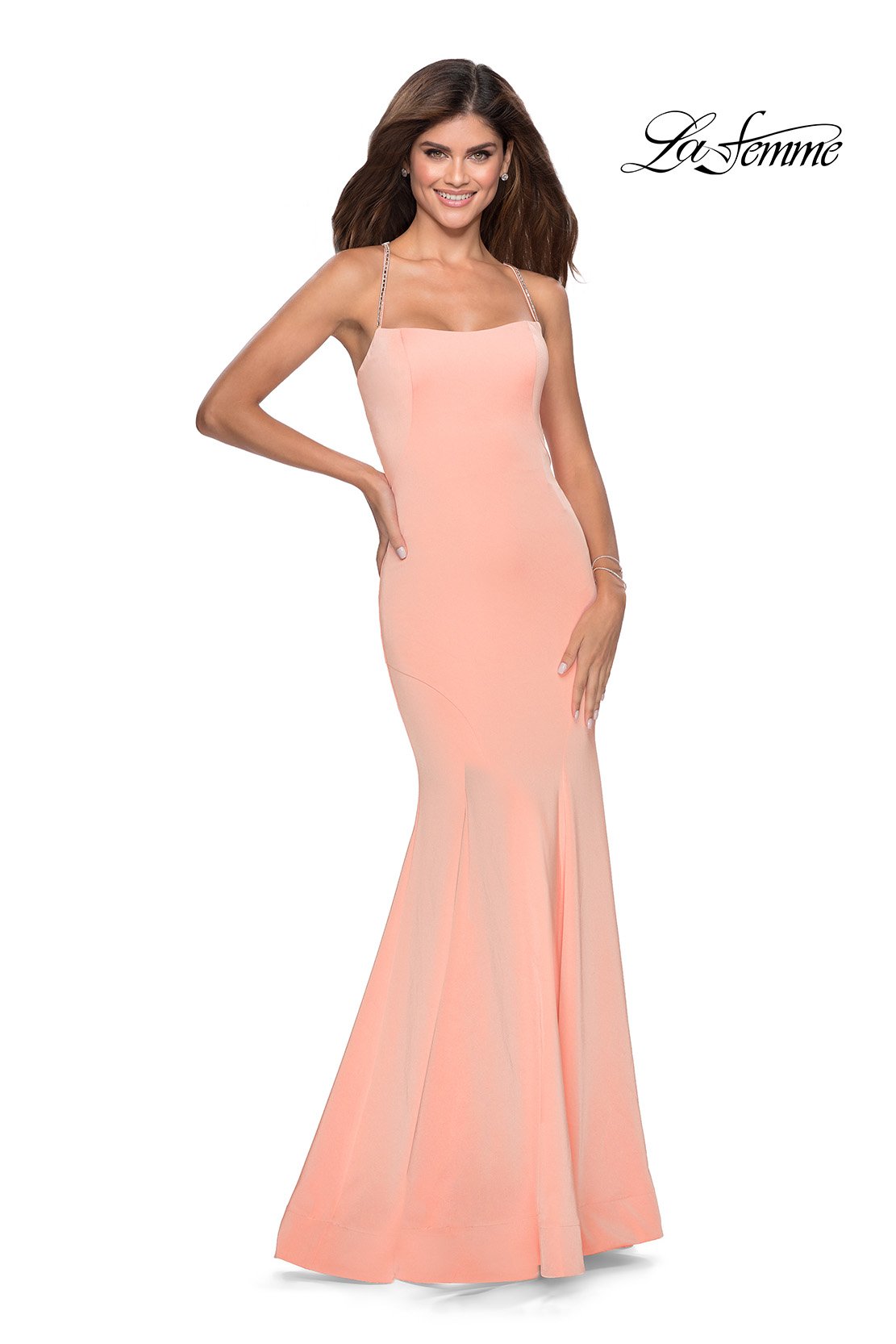 La Femme 28526 prom dress images.  La Femme 28526 is available in these colors: Black, Deep Red, Electric Blue, Peach.