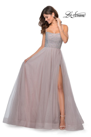 La Femme 28530 prom dress images.  La Femme 28530 is available in these colors: Mauve, Nude, Pale Yellow, Silver.